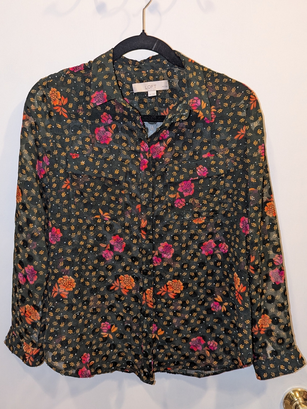 Funky Sheer Polka Dot Button Down With Florals